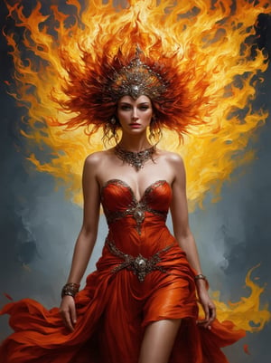 Create an oil painting in the style of Karol Bak, featuring a regal woman with an air of elegance and mystery. She should be adorned in intricate, flowing attire with a blend of metallic and organic textures. Her attire and headdress should incorporate elements of fire, giving the impression of flames and energy radiating around her. The color palette should be dominated by vibrant oranges, yellows, and reds, with rich contrasts and dynamic brushstrokes to evoke a sense of movement and intensity. The woman's expression should be confident and captivating, and the overall composition should be surreal and fantastical, with attention to fine details and a dramatic atmosphere,ek_art_b00ster