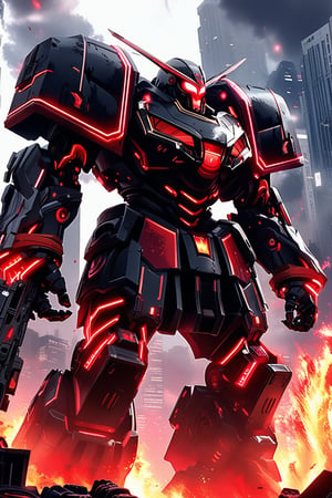 a giant robot \(ek_ct4k\) standing in a battle field,warhammer 4K style,black and red colored armor,ek_game_3ffect,blurry city background,explosion,fire,flame,dynamic angle,anime style by Makoto Shinkai,ek_ph0t0_b00ster, ek_an1_b00ster,upper body shot