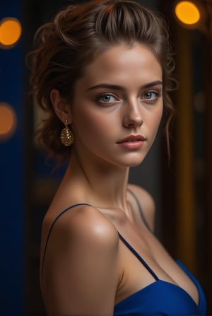 hyper-realistic closeup model portrait,greek woman,backless dress,studio portrait,dramatic,cinematic light,hdr,exquisite face,natural skin,perfectly centered,bokeh,painterly,hyper photorealistic professional photoshoot,round chin no dimple,cobalt blue and yellow colors, ek_g1rl_02,beauy_ks01,ek_ph0t0_b00ster,ek_art_b00ster