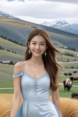 Hyper-Realistic photo of a girl,20yo,1girl,perfect female form,perfect body proportion,perfect anatomy,[baby blue and ivory color],elegant dress,detailed exquisite face,soft shiny skin,smile,mesmerizing,detailed shiny long hair blowing,small earrings,necklaces,Chanel bag,cluttered maximalism
BREAK
[backdrop of lamarva11ey,outdoors,sky,day, cloud,tree,cloudy sky,grass,nature,beautiful scenery,mountain,winding road,landscape,american bisons],(girl focus:1.2)
BREAK
(rule of thirds:1.3),perfect composition,studio photo,trending on artstation,(Masterpiece,Best quality,32k,UHD:1.4),(sharp focus,high contrast,HDR,hyper-detailed,intricate details,ultra-realistic,award-winning photo,ultra-clear,kodachrome 800:1.25),(infinite depth of perspective:2),(chiaroscuro lighting,soft rim lighting:1.15),by Karol Bak,Antonio Lopez,Gustav Klimt and Hayao Miyazaki,photo_b00ster,real_booster,art_booster,Ye11owst0ne,koh_yunjung