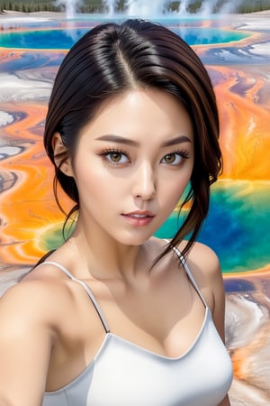 ((Hyper-Realistic)) photography of a beautiful girl taking selfie of Grand Prismatic Spring of Yellowstone,holding a smart phone,20yo,(detailed symmetric face:1.3),(symmetric eyes:1.2),detailed soft shiny skin,detailed eyes,sharp nose,short hair,hourglass figure,perfect female form,mesmerizing and alluring,looking at viewer,(upperbody shot:1.3)
BREAK
(backdrop;grandpr1smat1c,vivid color for Spring,orange mane-like soil around the pool,brown and white soil color,smoke from spring,brown and white color soil,1 spring)
BREAK
rule of thirds,studio photo,perfect composition,(masterpiece,HDR,trending on artstation,8K,Hyper-detailed,intricate details,hyper realistic,high contrast:1.3),cinematic lighting,soft rim lighting,key light reflecting in the eyes,by Karol Bak,Antonio Lopez,Gustav Klimt and Hayao Miyazaki,
wonder-woman-xl, photo_b00ster,real_booster, art_booster,seolhyun,Ye11owst0ne