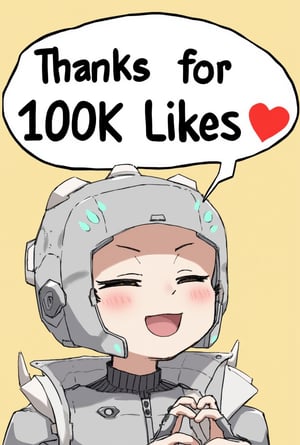 Anime of a happy cute cyborg girl,making hand heart,big smile,looking at viewer,by ghibli,big word bubble with bold font on top saying "Thanks for 100K Likes ❤️",ek_an1_b00ster,flux_makima