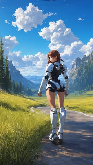 Highly detailed animation of a cyborg girl standing in lamar valley of Yellowstone,20yo,American girl,clear facial features,model body,detailed hair,vibrant colors,perfect body proportions,(highly detailed form-fitting mecha armor),(backdrop:lamarva11ey,outdoors,sky,day, cloud,tree,cloudy sky,grass,nature, beautiful scenery,mountain,winding road,landscape, american bisons,(girl focus)
BREAK 
anime vibes,(fullbody wide shot),rule of thirds,studio photo,(masterpiece,sharp focus,high contrast,HDR, trending on artstation,8K,Hyper-detailed,intricate details,hyper realistic:1.3),cinematic lighting,by Karol Bak, Alessandro Pautasso, Hayao Miyazaki,Ye11owst0ne,ek_real_b00ster,ek_photo_booster