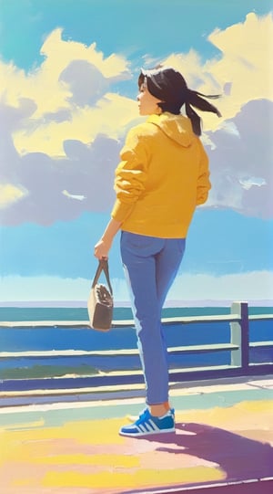 Girl in yellow sweater and blue jeans with Adidas sneakers in Volgograd, acrylic painting, trending on pixiv fanbox, palette knife and brush strokes, style of makoto shinkai jamie wyeth james gilleard edward hopper greg rutkowski studio ghibli genshin impact,artistic oil painting stick