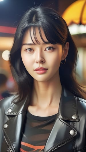 Very (detailed) illustration of a ((best quality)), ((masterpiece)), (8K,aesthetic,intricate,high contrast,sharp focus,colorful),mesmerizing and alluring female model,sitting in a cafe at night,23yo,detailed exquisite symmetric face,(confident smile,sexy,playful smirks),looking at viewer,dishelved black hair BREAK black biker leather jacket,small earrings, jewelry,detailed eyes,glossy skin,oiled skin,very sexy pose, hourglass_figure,natural huge breasts,[full body],rule of thirds,moody lighting, detailmaster2, kwon-nara-xl