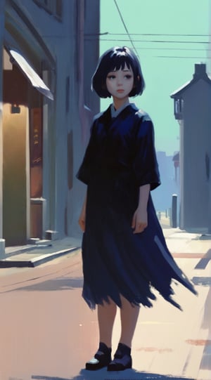 Gothic Girl, acrylic painting, trending on pixiv fanbox, palette knife and brush strokes, style of makoto shinkai jamie wyeth james gilleard edward hopper greg rutkowski studio ghibli genshin impact. 
jeon_jihyun,1 girl,leonardo,style,jeon_jihyun,greg rutkowski