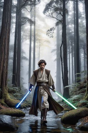 Hyper-Realistic photo of a jedi chasing an enemy swinging lightsaber,1boy,solo,black hair,gloves,weapon,male focus, sword,facial hair,parody,beard,science fiction, animification,energy sword,lightsaber,looking at viewer,Lee Jung-Jae \(Sol in Star Wars Acolyte\) lookalike,fullbody:1.3
BREAK
backdrop:dark forest,tree,rock,puddles,glowing light,neon light,[cluttered maximalism]
BREAK
settings: (rule of thirds1.3),perfect composition,studio photo,trending on artstation,depth of perspective,(Masterpiece,Best quality,32k,UHD:1.4),(sharp focus,high contrast,HDR,hyper-detailed,intricate details,ultra-realistic,kodachrome 800:1.3),(chiaroscuro lighting:1.3),(by Karol Bak$,Alessandro Pautasso$,Gustav Klimt$ and Hayao Miyazaki$:1.3),art_booster,photo_b00ster, real_booster,w1nter res0rt