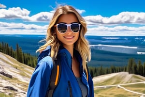 realistic photo of a beautiful American girl standing in mount washburn summit of Yellowstone,20yo,sunglasses,detailed face,model body,looking at viewer,playful smirks,detailed hair blowing,vibrant colors,elegant urban fashion,upper body focus
BREAK
backdrop:detailed photo of washburn mount summit \(wash9urn\) in Yellowstone,trail,grass,mountain,sky,cloud,deer
 BREAK 
rule of thirds,studio photo,detailed,realistic,cinematic lighting,Ye11owst0ne,,wash9urn