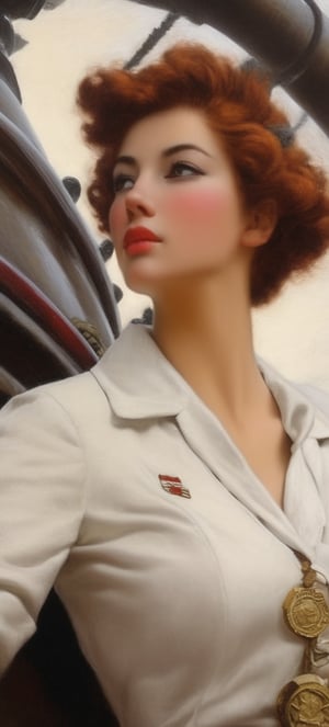 analog style,Gorgeous woman,20yo,wearing ((fire officer uniform)),1950s,on a ship,close up, ultra high res 8K,grainy,digital Art,perfect composition, beautiful detailed intricate insanely detailed octane render trending on artstation,8 k artistic photography, photorealistic concept art,soft natural volumetric cinematic perfect light,chiaroscuro, award-winning photograph,masterpiece,oil on canvas,ani_booster,{by Karol Bak,Gustav Klimt and Hayao Miyazaki},real_booster