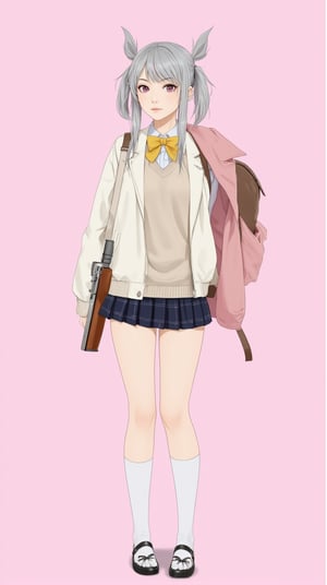 Anime of 1girl, solo, long hair, looking at viewer, bangs, skirt, simple background, shirt, hair ornament, long sleeves, pink background, bow, holding, twintails, closed mouth, school uniform, standing, jacket, full body, weapon, ahoge, grey hair, multicolored hair, pleated skirt, open clothes, shoes, socks, hairclip, bowtie, pink eyes, bag, holding weapon, open jacket, streaked hair, gun, plaid, kneehighs, white jacket, backpack, white socks, holding gun, rifle, yellow bow, sweater vest. (anime style by makoto shinkai:1.3), ek_an1_b00ster,ek_g1rl_02