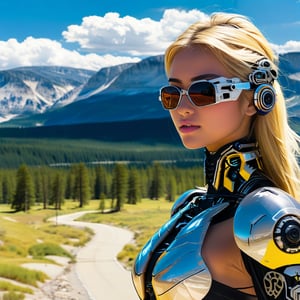 a beautiful cyborg girl standing in lamar valley of Yellowstone,20yo,American girl,wearing sunglasses,model body,detailed blonde hair blowing,vibrant colors,highly detailed form-fitting mecha armor,upper body focus,(backdrop:lamarva11ey,outdoors,sky,day, cloud,tree,cloudy sky,grass,nature, beautiful scenery,mountain,winding road,landscape, american bisons),
 BREAK 
rule of thirds,studio photo,masterpiece,detailed, intricate details,realistic,cinematic lighting,Ye11owst0ne