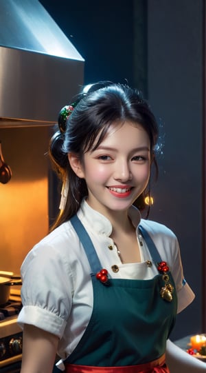 "Generate an image of a young woman (23 years old) cooking a delicious meal in the kitchen on Christmas Eve. She is immersed in the culinary process, gracefully handling ingredients and pots on the stove. The warm glow of the oven illuminates her focused expression, and the festive atmosphere is accentuated by Christmas decorations in the kitchen. The woman wears a stylish apron and chef's hat, adding flair to her festive cooking attire. Surrounding her are holiday-themed ingredients, and the aromas of Christmas spices fill the air. The scene captures the joy and warmth of Christmas, blending culinary artistry with the spirit of the festive season." BREAK

(masterpiece,best quality,ultra-detailed,8K,intricate, realistic:1.3),(full body, wide shot:1.3),smile,black hair, earrings,jewelry, shiny skin, detailed exquisite face,rembrandt lighting,1 girl,Color Booster, leonardo,style,cyberpunk style,greg rutkowski,cyberpunk,koh_yunjung