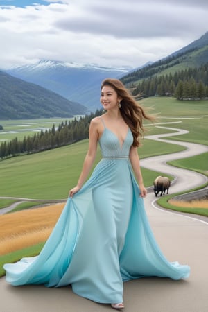 Hyper-Realistic photo of a girl,20yo,1girl,perfect female form,perfect body proportion,perfect anatomy,[aqua and ivory color],elegant dress,detailed exquisite face,soft shiny skin,smile,mesmerizing,detailed shiny long hair blowing,small earrings,necklaces,Chanel bag,cluttered maximalism
BREAK
[backdrop of lamarva11ey,outdoors,sky,day, cloud,tree,cloudy sky,grass,nature,beautiful scenery,mountain,winding road,landscape,american bisons],(girl focus:1.2)
BREAK
(rule of thirds:1.3),perfect composition,studio photo,trending on artstation,(Masterpiece,Best quality,32k,UHD:1.4),(sharp focus,high contrast,HDR,hyper-detailed,intricate details,ultra-realistic,award-winning photo,ultra-clear,kodachrome 800:1.25),(infinite depth of perspective:2),(chiaroscuro lighting,soft rim lighting:1.15),by Karol Bak,Antonio Lopez,Gustav Klimt and Hayao Miyazaki,photo_b00ster,real_booster,art_booster,Ye11owst0ne,koh_yunjung,ink 