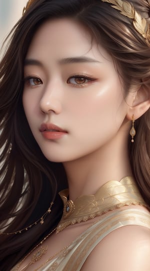 A highly detailed and hyper realistic drawing of a  gorgeous asian Goddess, elegantly clad, close-up, trending on artstation, sharp focus, studio photo, intricate details, highly detailed, by greg rutkowski, trending on artstation, sharp focus, studio photo, intricate details, highly detailed, close up portrait photo by Annie Leibovitz, film, studio lighting, detailed skin, ultra realistic, bokeh, sharp features,leonardo,jeon_jihyun,style