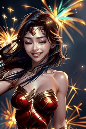 (masterpiece,best quality,8K,ultra-detailed), wonder_woman,fireworks elemental magic effect,realistic,christmas street,dancing,close-up,cinematic lighting,smile,hair blown by breeze,kwon-nara