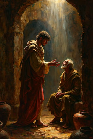 In a humble, ancient home, dimly lit with worn stone walls and simple clay pots lining the floor, a young man stands partially turned to the side. His figure, strong yet serene, is captured from behind and slightly to the side, revealing his outstretched arm and gentle hand placed over the eyes of an elderly, blind man sitting before him. The elder's head tilts slightly upward, his weathered face full of quiet expectation. Above them, radiant beams of light cascade from the heavens, illuminating the young man’s upper body and arm in a sacred glow. The modest room’s sparse furniture and rustic elements are gently highlighted, blending earthly humility with the divine presence filling the scene.,ek_art_b00ster