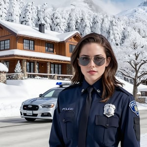 Hyper-Realistic photo of a beautiful LAPD police officer standing in front of a winter resort house,20yo,1girl,solo,LAPD police uniform,cap,detailed exquisite face,soft shiny skin,smile,sunglasses,looking at viewer,Kristen Stewart lookalike,cap,fullbody:1.3
BREAK
backdrop:luxurious modern resort house,police car,road,snow,tree,girl focus,[cluttered maximalism]
BREAK
settings: (rule of thirds1.3),perfect composition,studio photo,trending on artstation,depth of perspective,(Masterpiece,Best quality,32k,UHD:1.4),(sharp focus,high contrast,HDR,hyper-detailed,intricate details,ultra-realistic,kodachrome 800:1.3),(cinematic lighting:1.3),(by Karol Bak$,Alessandro Pautasso$,Gustav Klimt$ and Hayao Miyazaki$:1.3),art_booster,photo_b00ster, real_booster,w1nter res0rt