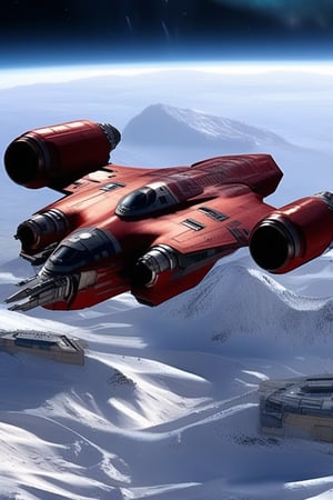 A realistic photo of starship, razor crest \(star wars\), wings on top,big jet engine on wing tip,canopy on head nose top,,blunt front nose,cannon on head side,front left view,

backdrop:red planet with ice mountain,buildings,red sky,two moons,smoke,