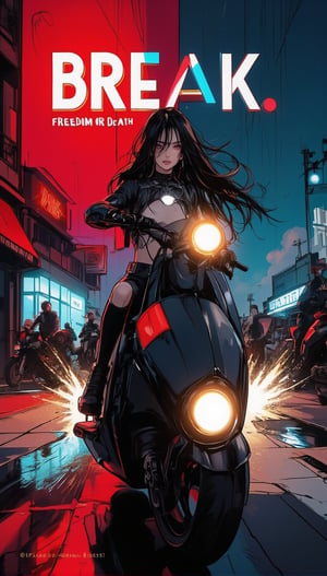 Anime of a cyborg girl in mecha armor. Black and red colored armor. neon light lines glowing, exquisite face, soft shiny skin, longhair blowing, sunglasses. riding a motor cycle, kawasaki ninja h2 carbon at high speed,city street backdrop,puddles,focused expression,dark,(((Big neon light saying "Freedom or Death" in the background)))
BREAK
Anime by makoto shinkai's artworks,detailed,sharp focus,high contrast,rule of thirds,depth of perspective,award-winning photo,chiaroscuro lighting,ek_g1rl_02,ink style,ek_an1_b00ster