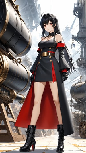 Hyper-Detailed Anime of West Virginia \(Azur Lane\),1girl, solo, long hair, breasts, looking at viewer, bangs, simple background, black hair, red eyes, gloves, dress, bare shoulders, medium breasts, standing, full body, boots, sleeveless, black gloves, belt, wide sleeves, off shoulder, black footwear, mole, coat, mole under eye,machinery, turret, cannon, rigging,cluttered maximalism
BREAK
(rule of thirds:1.3),(thick drawing lines:1.3),perfect composition,studio photo,trending on artstation,(Masterpiece,Best quality,32k,UHD,sharp focus,high contrast,HDR,hyper-detailed,intricate details,ultra-clear:1.3),(cinematic lighting),by Karol Bak,Gustav Klimt and Hayao Miyazaki,ani_booster,real_booster,art_booster