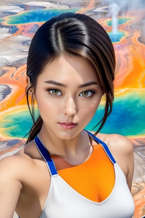 ((Hyper-Realistic)) photography of a beautiful girl taking selfie of Grand Prismatic Spring of Yellowstone,holding a smart phone,20yo,detailed symmetric face,detailed soft shiny skin,detailed eyes,sharp nose,short hair,hourglass figure,perfect female form,mesmerizing and alluring,looking at viewer,(upperbody shot:1.3)
BREAK
(backdrop;grandpr1smat1c,vivid color for Spring,orange mane-like soil around the pool,brown and white soil color,smoke from spring,brown and white color soil,1 spring)
BREAK
rule of thirds,studio photo,perfect composition,(masterpiece,HDR,trending on artstation,8K,Hyper-detailed,intricate details,hyper realistic,high contrast:1.3),cinematic lighting,soft rim lighting,key light reflecting in the eyes,by Karol Bak,Antonio Lopez,Gustav Klimt and Hayao Miyazaki,
wonder-woman-xl, photo_b00ster,real_booster, art_booster,Decora_SWstyle,seolhyun,Ye11owst0ne