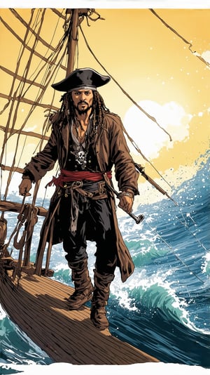 A captivating scene featuring Captain Jack Sparrow in all his swashbuckling glory. He stands on the deck of a pirate ship, the ocean waves crashing against the hull. His iconic tricorn hat is perched jauntily on his head, and his long, beaded hair flows in the sea breeze. Jack's eccentric outfit, complete with a tattered coat, multiple belts, and a sash, is vividly detailed. The setting sun casts a golden glow over the scene, highlighting Jack's mischievous grin and twinkling eyes. With one hand on the ship's wheel and the other holding a cutlass, he exudes confidence and charisma, ready for his next adventure on the high seas.,illustration,Ink splashes, bold lines, dynamic poses,Ink splashes, bold lines, dynamic poses,ek_ani_b00ster,ek_real_b00ster