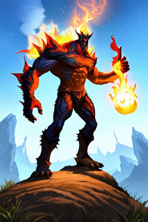 an evil man standing on a hill top. He uses the magic spell and turns into a powerful fire magic \(ek_ge1frt\) monster,ek_game_3ffect,