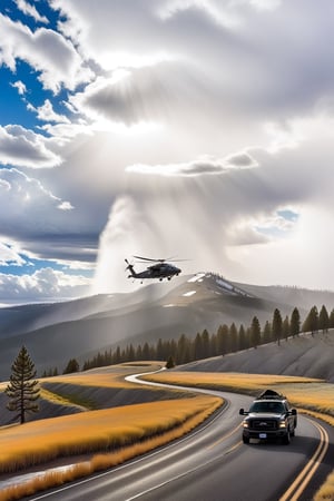 Hyper-Realistic photo of an Apache AH-64 helicopter hovering low in  lamarva11ey,Yellowstone,outdoors, sky,day,american bisons,cloud,tree,cloudy sky,grass,nature,beautiful scenery,mountain,winding road,landscape),(helicopter focus:1.2)
BREAK
(rule of thirds:1.3),perfect composition,studio photo,trending on artstation,(Masterpiece,Best quality,32k,UHD:1.4),(sharp focus,high contrast,HDR,hyper-detailed,intricate details,ultra-realistic,award-winning photo,ultra-clear,kodachrome 800:1.25),(infinite depth of perspective:2),(chiaroscuro lighting,soft rim lighting:1.15),by Karol Bak,Antonio Lopez,Gustav Klimt and Hayao Miyazaki,photo_b00ster,real_booster,art_booster,Ye11owst0ne
