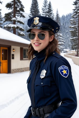 Hyper-Realistic photo of a beautiful LAPD police officer in a winter resort,20yo,1girl,solo,LAPD police uniform,cap,detailed exquisite face,soft shiny skin,smile,looking at viewer,Kristen Stewart lookalike,cap,sunglasses,fullbody:1.3
BREAK
backdrop:winter resort center,snow,road,police car,tree,[cluttered maximalism]
BREAK
settings: (rule of thirds1.3),perfect composition,studio photo,trending on artstation,depth of perspective,(Masterpiece,Best quality,32k,UHD:1.4),(sharp focus,high contrast,HDR,hyper-detailed,intricate details,ultra-realistic,kodachrome 800:1.3),(cinematic lighting:1.3),(by Karol Bak$,Alessandro Pautasso$,Gustav Klimt$ and Hayao Miyazaki$:1.3),art_booster,photo_b00ster, real_booster,w1nter res0rt