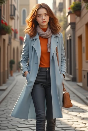 A stunning 20-year-old Korean girl with a chic, contemporary style, strolling along a cobblestone street in a quaint European village. Her auburn hair is styled in loose waves that cascade over her shoulders, highlighting her warm brown eyes and soft, radiant complexion.
She wears a fitted, baby blue trench coat cinched at the waist, over a orange-colored turtleneck sweater, paired with ankle-length, dark denim jeans that flatter her figure. On her feet, she wears classic, tan leather ankle boots, and a delicate scarf in shades of blush pink and gray drapes around her neck. A vintage-inspired leather satchel hangs from her shoulder, adding a touch of rustic charm. Her expression is thoughtful yet serene, capturing a moment of quiet elegance as she enjoys a leisurely walk, surrounded by charming old-world architecture and flower-filled window boxes. realistic,detailed,sharp focus,high contrast,trending on artstation,rule of thirds,depth of perspective,chiaroscuro lighting.ek_ph0t0_b00ster,jisosmile