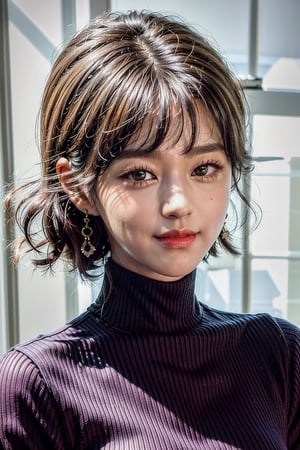 (masterpiece,best quality,ultra-detailed,8K,intricate, realistic),girl in photo studio,smile,black bob_cut,earrings,jewelry,(close-up on face),(red:1.5) high neck knit sweater,(colorful),rembrandt lighting,seolhyun