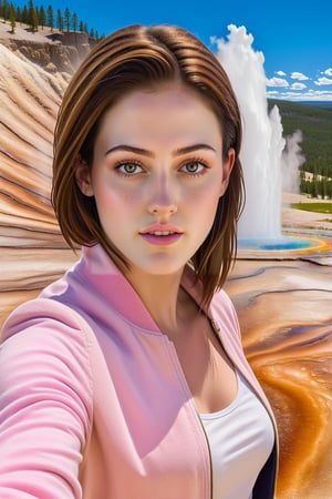 ((Hyper-Realistic)) upperbody photo of a beautiful 1girl taking a selfie in Old Faithful in Yellowstone,20yo,(kristen stewart),detailed exquisite face,detailed soft skin,hourglass figure,perfect female form,model body,looking at viewer,playful smirks,(perfect hands:1.2),(elegant white jacket,pink shirt and jean skirt),(girl focus)
BREAK
((Hyper-Realistic)) detailed photography of Old Faithful \(oldfa1thfu1\) in Yellowstone,outdoors,sky, day,tree,scenery,realistic,photo background,mostly white soil with some brown),(1girl focus)
BREAK
aesthetic,rule of thirds,depth of perspective,perfect composition,studio photo,trending on artstation,cinematic lighting,(Hyper-realistic photography,masterpiece, photorealistic,ultra-detailed,intricate details,16K,sharp focus,high contrast,kodachrome 800,HDR:1.2),photo_b00ster,real_booster,ye11owst0ne,(oldfa1thfu1:1.2),more detail XL,H effect