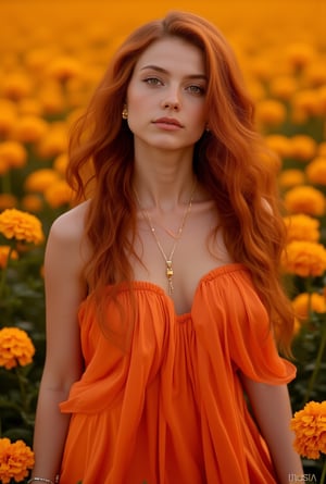 A stunning young woman in her early twenties, embodying the essence of orange hues. Her fiery auburn hair cascades in soft waves around her shoulders, catching the light with warm, golden highlights. Her amber eyes glow like molten sunset, filled with curiosity and spirit. She wears a flowing, silky dress in shades of burnt orange and coral, the fabric glistening like autumn leaves in the sun.

Golden jewelry with small citrine gemstones adorns her wrists and neck, reflecting the warm tones of her attire. She stands in a field of marigolds, the wind gently lifting her dress, her expression joyful and confident, as if she’s a living embodiment of a warm, vibrant sunset.    realistic,detailed,sharp focus,high contrast,trending on artstation,rule of thirds,depth of perspective,chiaroscuro lighting.ek_ph0t0_b00ster,jisosmile