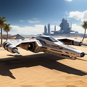 A realistic photo of starship x-wing starfighter in Star Wars universe,parked on ground with stands on desert,wings folded,laser cannons at each wing tip,engines located at wing root,desert,sand,palm tree,,sky,cloud,cityscrapes,front left view,R2 D2 walking around next to the ship,
ek_starsh1p,ek_xw1ng,ek_xwf1