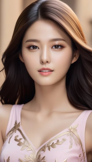 goddess-like girl,20yo, detailed exquisite face,elegant dress,symmetric face,sharp nose,detailed soft skin,shiny skin,small face, gentle smile,aesthetic,looking at viewer,hourglass figure,perfect female form,model body,dishelved black hair blowing,pink white yellow gold colors  BREAK 
(masterpiece, best quality, ultra-detailed, 16K, intricate,hyper-realistic:1.3),(high contrast,HDR,vibrant colors, RAW photo, rule of thirds:1.2),(chairoscuro lighting technique,soft rim lighting,key light reflecting in the eyes:1.2),(full body sideview:1.3),Warm tone,(bokeh backdrop), (small earrings,jewelry,necklaces),siena natural ratio,greg rutkowski,seolhyun