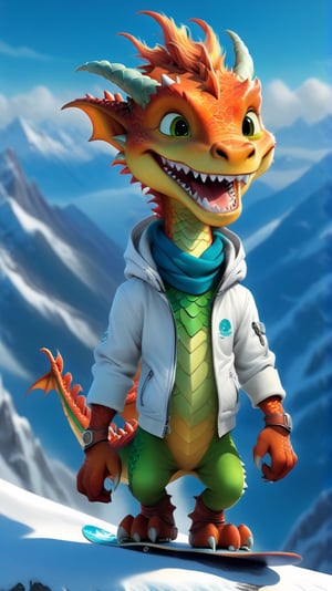 Cartoon: a very cute and young-looking dragon boy,riding snowboard,white jacket,cheerful,snow mountain ski slope backdrop,cinematic lighting,rule of thirds,depth of perspective,trending on artstation,(hyper-realistic,Ultra-detailed,sharp focus,high contrast,HDR,masaterpiece,RAW photo),(fullbody:1.3),dragon_h,art_booster, real_booster