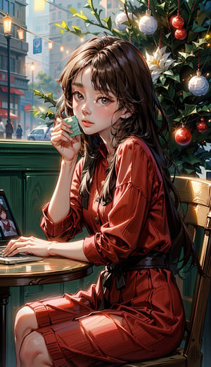 beautiful girl using notebook computer,sitting in cafe with X-mas tree and decoration,small face,red clothes,watercolor,by catherine kehoe,jenny saville and liu xiaodong,1 girl,kwon-nara