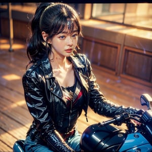 wonder woman ((riding on a motor cycle)), Korean girl, (1girl, solo), 23yo, high ponytail, [long] black straight hair, huge natural breasts, narrow waists, hair blown by the fast wind, ,

((driving a sexy motor cycle - 2023 Yamaha YZF-R1M)), (biker jacket and jean pants), wonder woman costume under biker jacket, wonder woman boots, ,

(upper body shot), cinematic shot, cinematic lighting, ,

(normal body structure), (correct proportions), (normal limbs and fingers), better_hands, 
(masterpiece, best quality:1.4), (beautiful, aesthetic, perfect, delicate, intricate:1.2), (realistic:1.3), kwon-nara