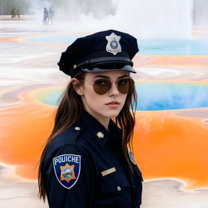 Hyper-Realistic photo of a beautiful LAPD police officer at Grand Prismatic Spring of Yellowstone, 20yo,1girl,solo,LAPD police uniform,cap,detailed exquisite face,soft shiny skin,smile,sunglasses,looking at viewer,Kristen Stewart lookalike,cap,fullbody:1.3
BREAK
backdrop:grandpr1smat1c,vivid color for Spring,orange mane-like soil around the pool,brown and white soil color,smoke from spring,brown and white color soil,1 spring,(girl focus),[cluttered maximalism]
BREAK
settings: (rule of thirds1.3),perfect composition,studio photo,trending on artstation,depth of perspective,(Masterpiece,Best quality,32k,UHD:1.4),(sharp focus,high contrast,HDR,hyper-detailed,intricate details,ultra-realistic,kodachrome 800:1.3),(cinematic lighting:1.3),(by Karol Bak$,Alessandro Pautasso$,Gustav Klimt$ and Hayao Miyazaki$:1.3),art_booster,photo_b00ster, real_booster,Ye11owst0ne