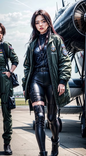 (masterpiece,best quality,ultra-detailed,8K,intricate, realistic,cinematic lighting),Generate AI art featuring a group of skilled and stylish female aviators in intricately detailed flight uniforms. 23yo,small face,Picture them standing by a vintage aircraft on a runway, exuding confidence and camaraderie. Emphasize the precision of their aviation attire, capturing the insignias, patches, and the distinctive details of their uniforms. Utilize a combination of vibrant colors and realistic detailing to bring to life the essence of female empowerment and teamwork in the world of aviation.kimtaeri