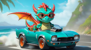 a cute dragon boy,driving a cute muscle car with tuned large wheels on a highway,wearing goggles,ocean backdrop,highly detailed,cinematic lighting,rule of thirds,depth of perspective,trending on artstation,wide shot,dragon_h,art_booster,real_booster