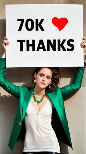Ultra-realistic photo of Kristen Stewart,20yo,(holding a big white sign saying TEXT "70K ❤️ THANKS" TEXT:1.8),elegant jacket and shirt,[Modern Green and Cream color],jewelry,chanel, prada,smile,cluttered maximalism
BREAK
(rule of thirds:1.3),perfect composition,depth of perspective,studio photo,trending on artstation,(Masterpiece,Best quality,UHD,32K:1.4),(sharp focus,high contrast,hyper-detailed,award-winning photo,HDR,Kodachrome 800:1.3),(chiaroscuro lighting:1.3),by Karol Bak,Gustav Klimt and Hayao Miyazaki,art_booster, real_booster,photo_b00ster,ani_booster,text as "",Text