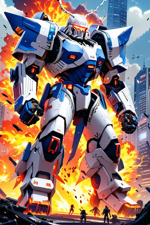 a giant robot \(ek_ct4k\) standing in a battle field,warhammer 4K style,white and blue colored armor,ek_game_3ffect,blurry city background,explosion,fire,flame,dynamic angle,anime style by Makoto Shinkai,ek_ph0t0_b00ster, ek_an1_b00ster,upper body shot