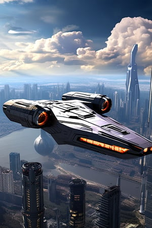 A starship razor crest \(star wars\) flying over a city,sky,cloud,futuristic city skyscrapers,realistic,detailed,ek_raz0r_cre5t,ek_rcfr0nt_left