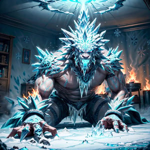 (masterpiece, best quality, ultra-detailed, 8K):1.1, (realistic:1.2), (intricate:1.2), giant male ice monster, in room, frozen ice everywhere, (destroyed arms and head rolling on the floor), scattering flame in air, (close up), ice elemental magic, roaring in pain, 