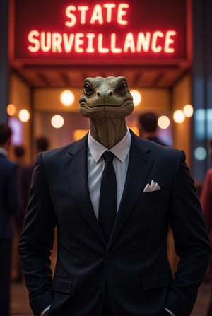 A sleek and imposing reptilian figure, dressed in a sharp suit, stands confidently in front of a crowd. Above it, a glowing neon sign reads 'State Surveillance,' casting an eerie light on the scene. The reptilian’s true face is hidden behind a smiling human mask, projecting an air of charm and authority. While the onlookers are captivated by the charismatic façade, subtle hints of its true nature peek through—the gleam of scales and cold, calculating eyes just visible at the edges of the mask. This scene captures the eerie contrast between the reptilian overlord's deceptive appearance and its sinister intent, embodying the hidden control exerted over humanity.
BREAK
detailed exquisite face,soft shiny skin,realistic,detailed,sharp focus,high contrast,rule of thirds,depth of perspective,award-winning photo,chiaroscuro lighting,ek_g1rl_02,ek_ph0t0_b00ster