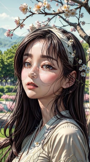 (masterpiece,best quality,ultra-detailed,8K,intricate, realistic,cinematic lighting),Craft AI art portraying a serene and elegant woman immersed in the tranquility of a blooming cherry blossom garden. Picture her in a beautifully colored attire, modest yet vibrant, complementing the delicate beauty of the blossoms. Use a palette of soft and harmonious colors to create a captivating scene, capturing the essence of a peaceful moment in nature. Let the artwork convey a sense of quiet beauty and contemplation, celebrating the timeless grace of a woman in a serene and colorful setting.kwon-nara