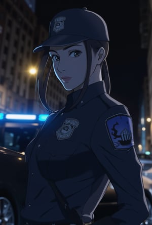 Anime of a beautiful police woman,NYPD,cap,uniform,holding AR-15 rifle in one hand,city street backdrop,police car,strobes,night,lights,cable,realistic,detailed,sharp focus,high contrast,rule of thirds,(chiaroscuro lighting:1.4),(light on face and eyes:1.3),by the style of Hayao Miyazaki and makoto shinkai's artworks,ek_art_b00ster,ek_an1_b00ster,gal gadot