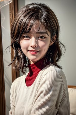 (masterpiece,best quality,ultra-detailed,8K,intricate, realistic),girl in photo studio,smile,black bob_cut,(close-up on face),(red:1.5) high neck knit sweater,(colorful),rembrandt lighting,seolhyun