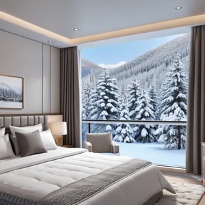 A realistic photo of bed room in winder resort1,winter resort1,hyper detailed,16K,HDR,hyper-realistic,sharp focus,high contrast